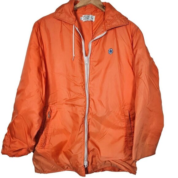 Vintage Float Coat Orange Full Zip Drawstring Hooded Jacket Flotation Unisex L - Picture 1 of 10
